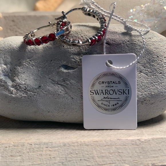 SWAROVSKI  Siam Crystal Hoops in SS - Picture 2 of 9